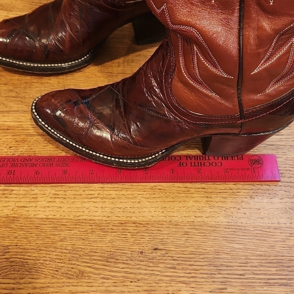 DAN Post Exotic Eel and Cowhide Cognac Boots Style 4219 Wm 5C Almond toe Vtg - Picture 9 of 16